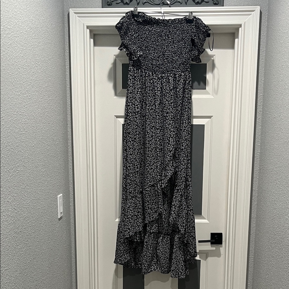 Smocked Black Floral Asymmetrical Maxi Dress